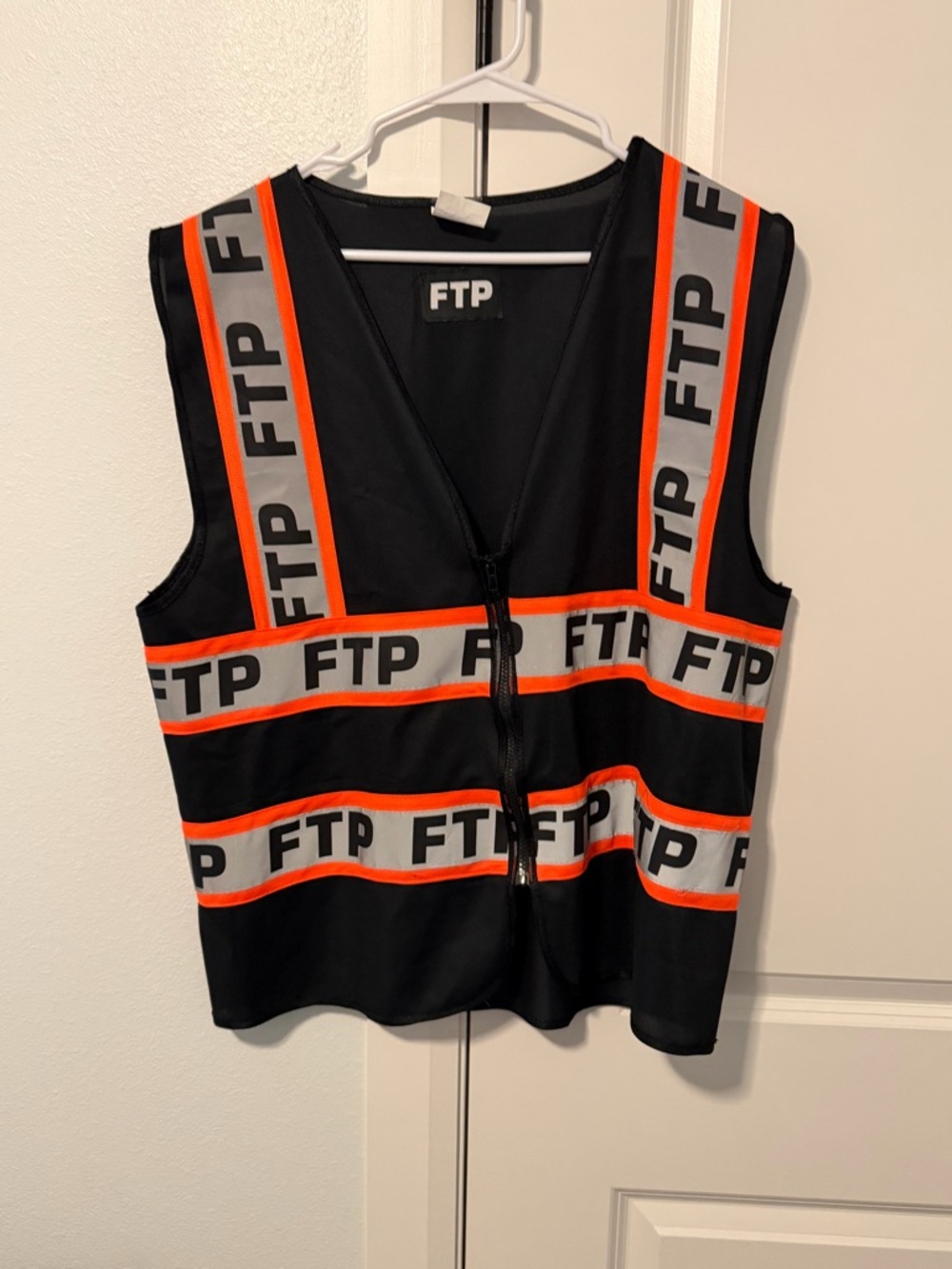 FTP Black Zip Front Reflective-Strip Safety Vest with Orange Accents
